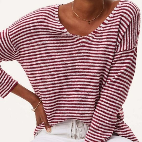 LOFT Red & White Stripe Oversize High Low Split Back V-neck Sweater Slub Knit XS - Picture 2 of 8